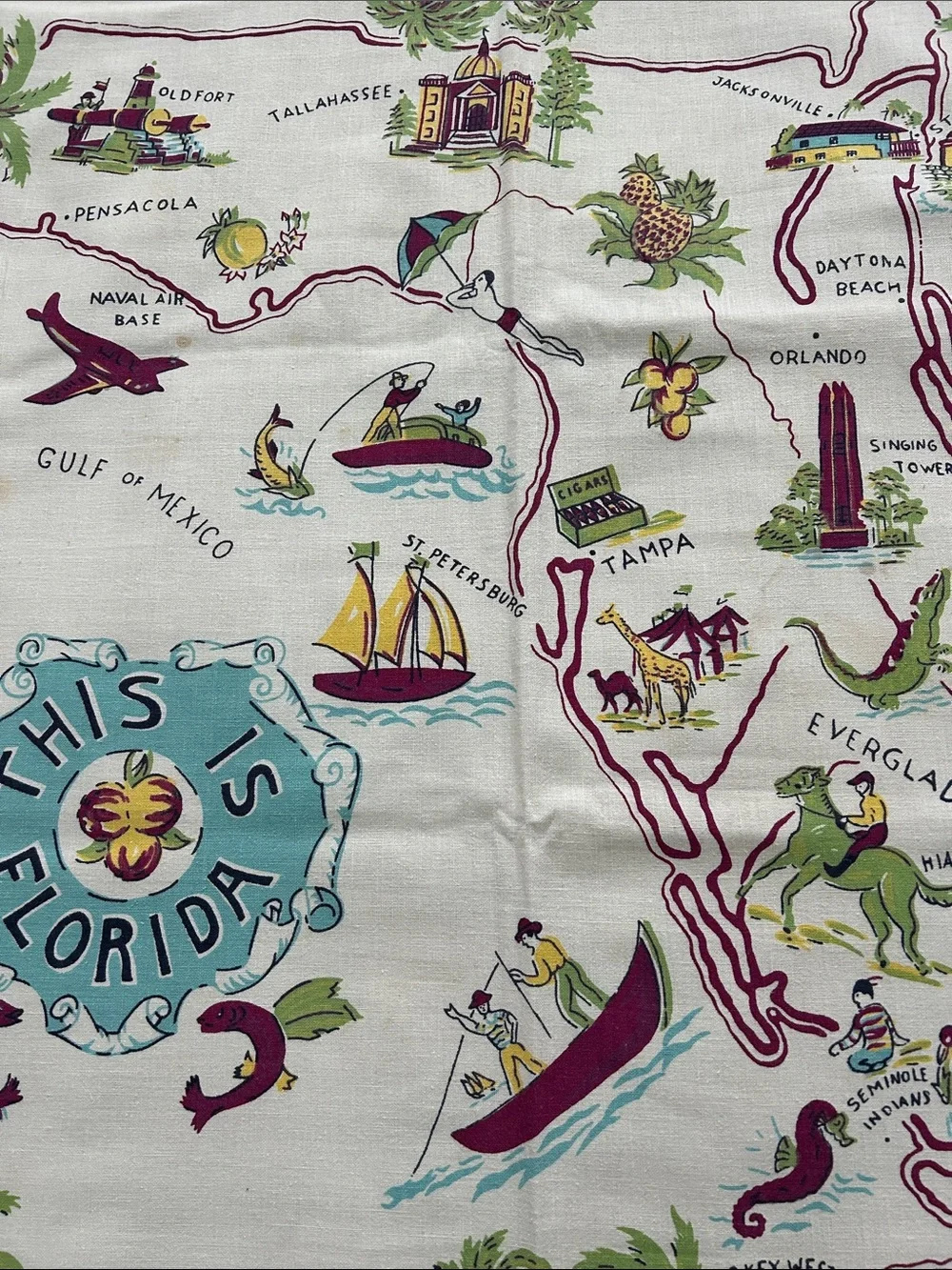 Vintage Florida Souvenir Card table cloth.  Very Florida in aqua, red, green